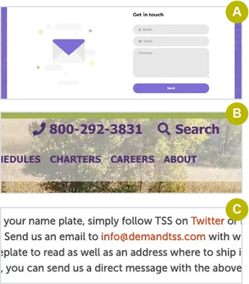 Contact form, Click-to-call phone number, Email links throughout your content